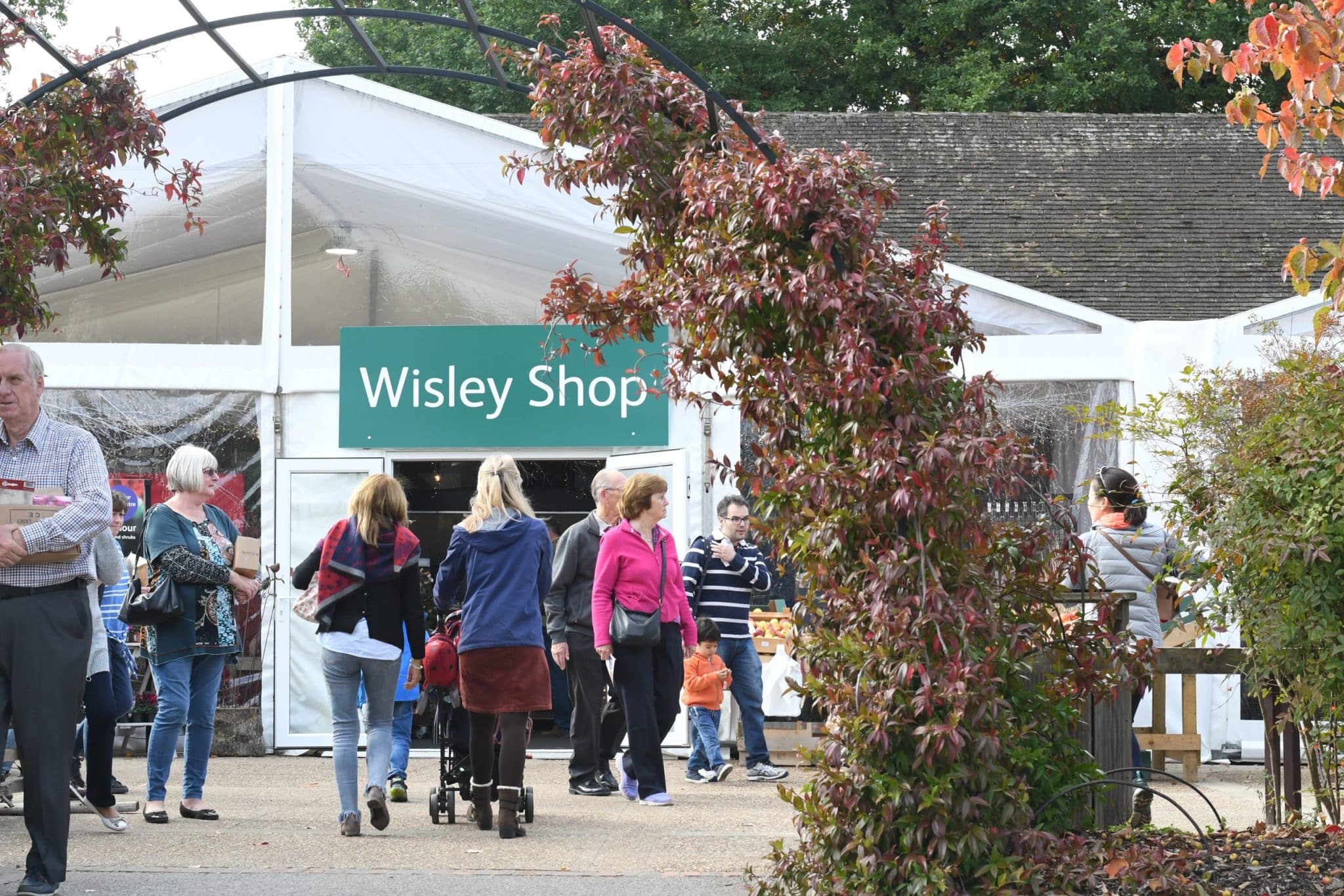 Temporary retail extension at RHS Garden Wisley: linked clearspan shop extension with glass entrances