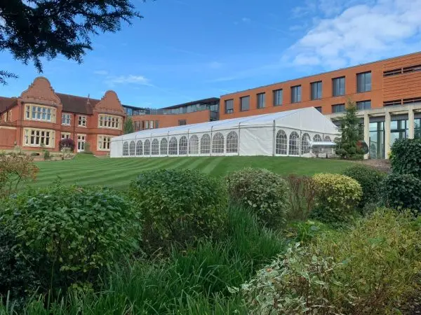 Temporary school dining structure at Danes Hill School – modular building with clear window walls