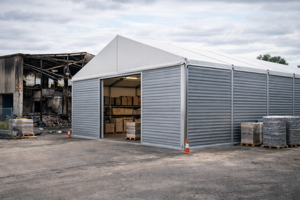 Temporary warehouse after a fire Temporary warehouse in use after a warehouse fire