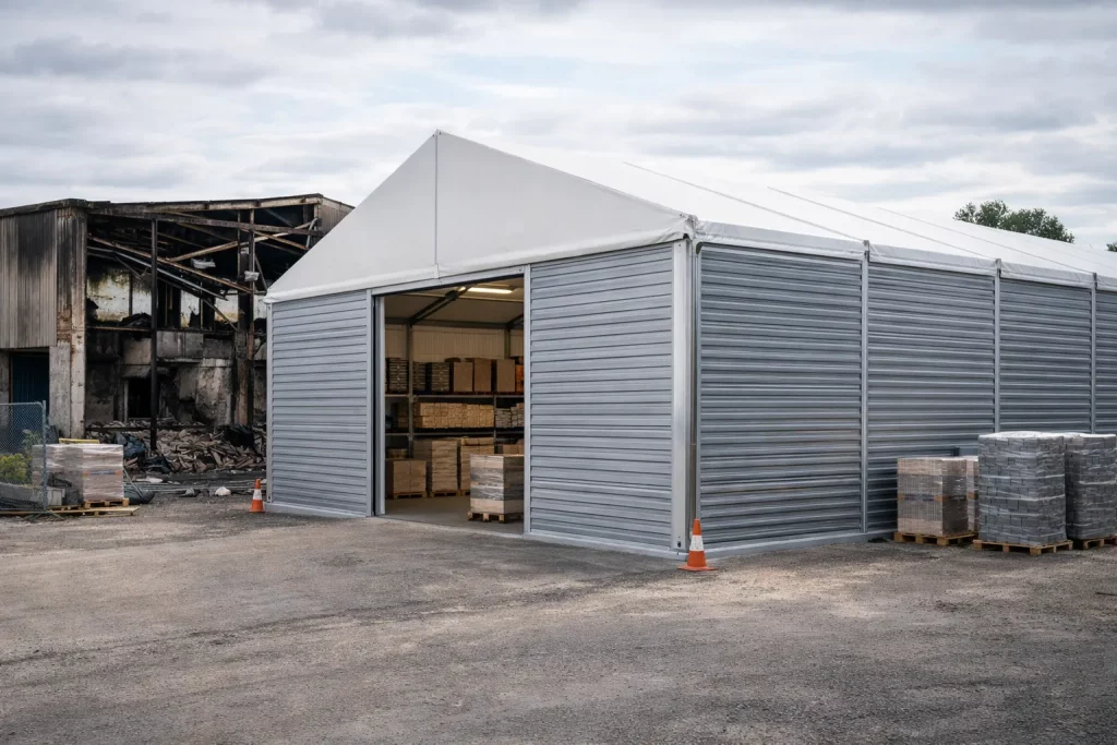 Temporary warehouse after a fire