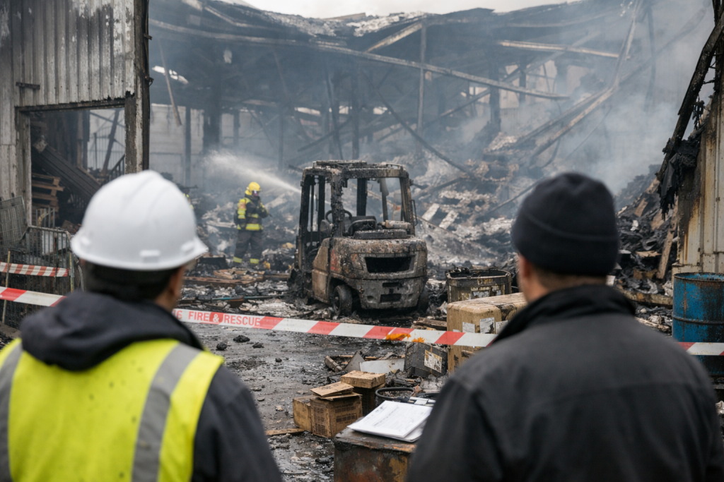 What do do after a commercial fire Two people assessing what to do after a commercial fire at a warehouse facility
