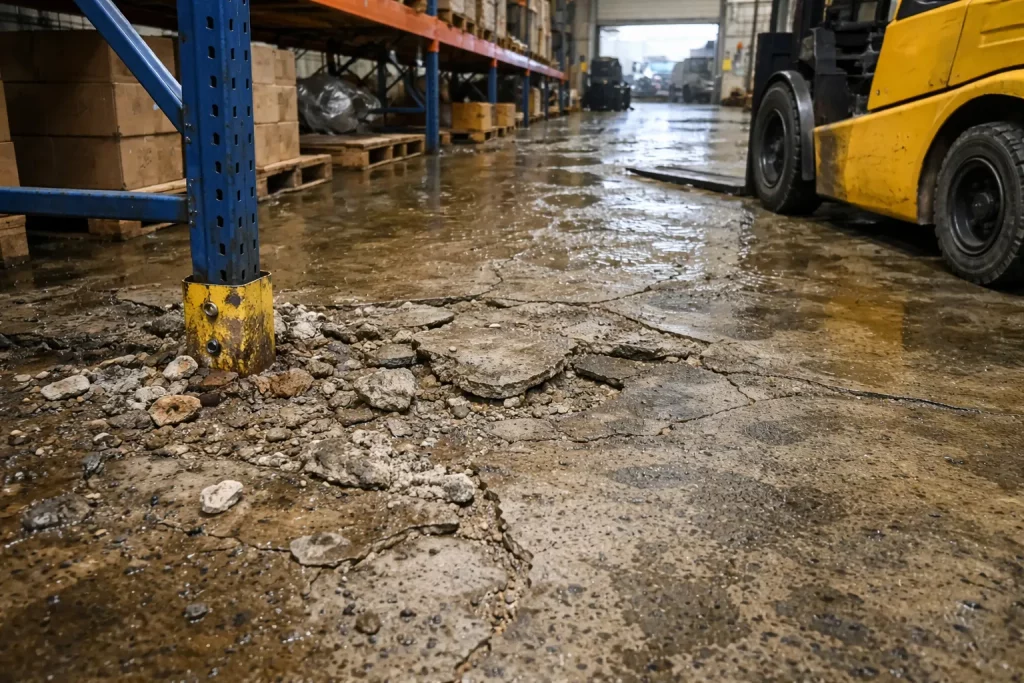 Damaged warehouse floor after a flood