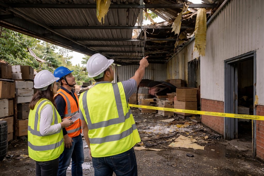 Damaged warehouse inspection A warehouse being inspected after storm damage