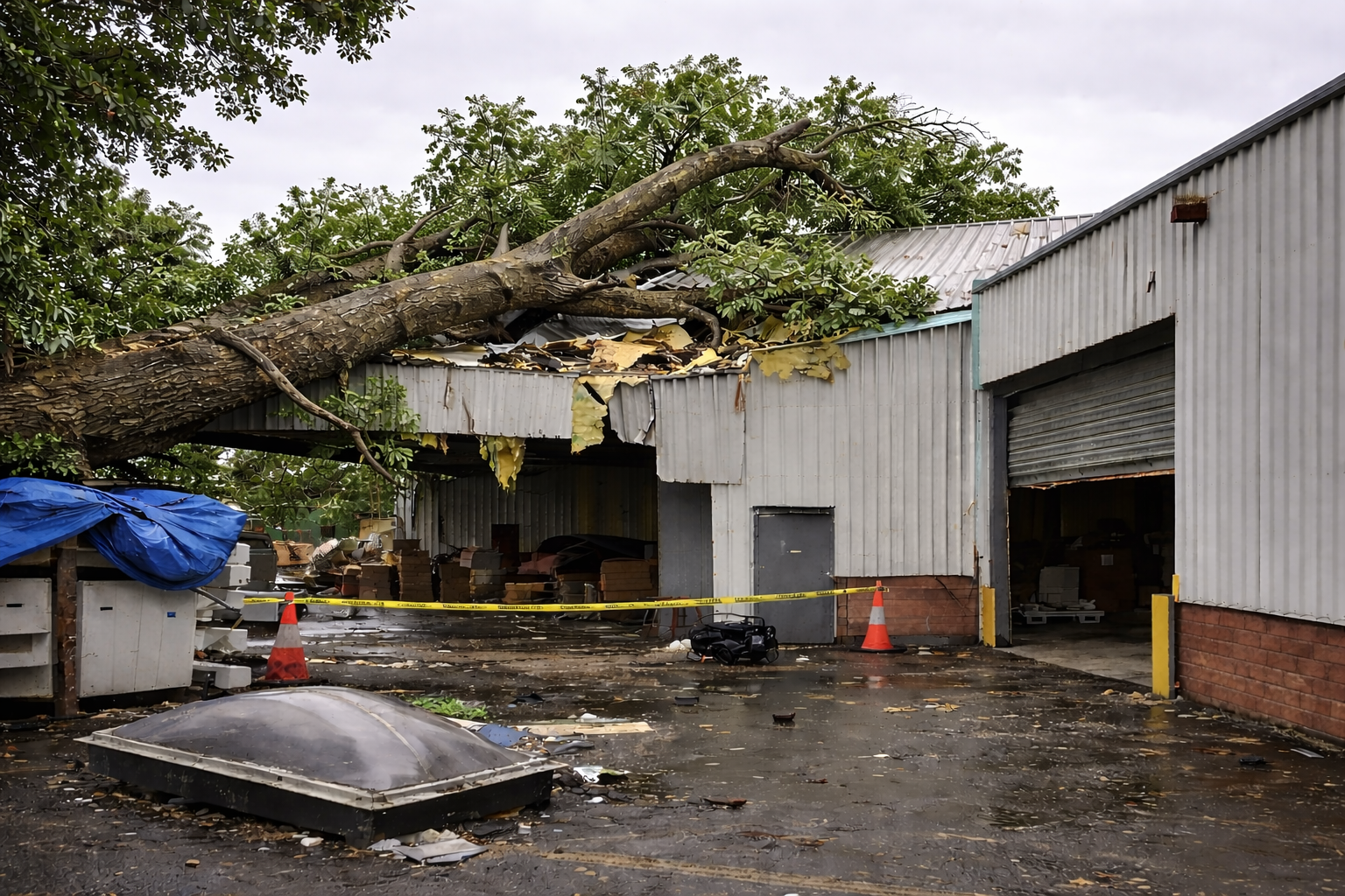 Fallen tree causing storm damage industrial building recovery