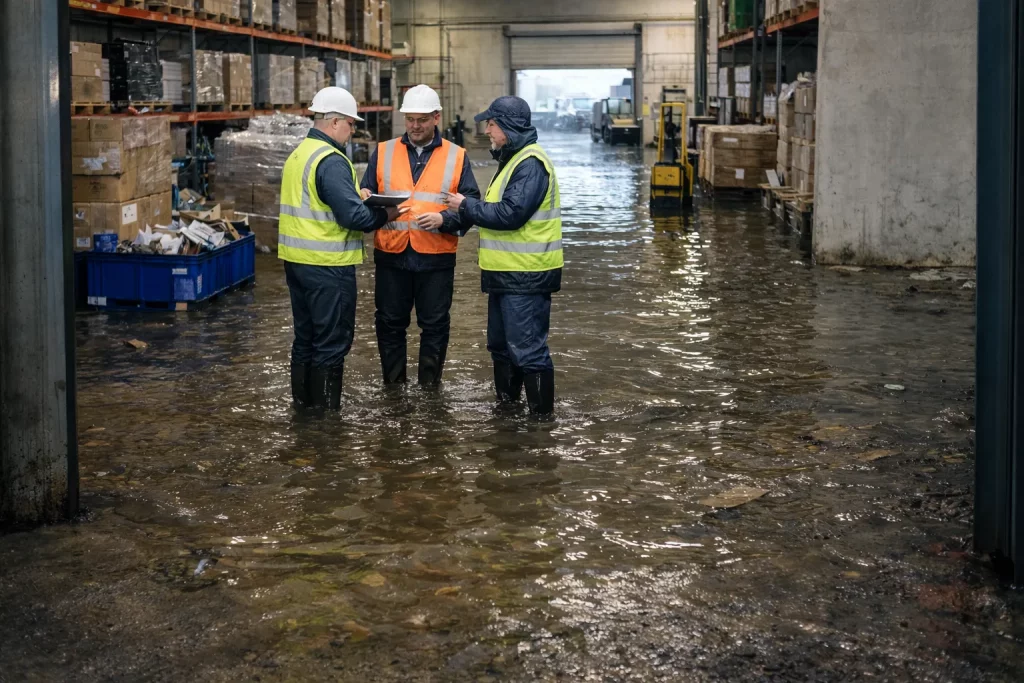 What to do after warehouse flooding Men assessing damage after a warehouse flood