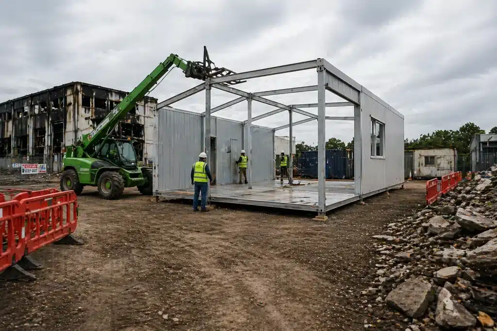 Temporary building installation on a damaged site