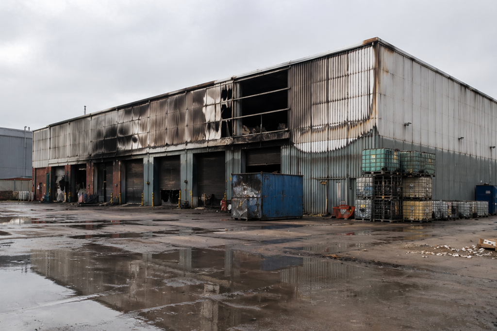 Fire or flood-damaged warehouse showing loss of operational space and restricted access