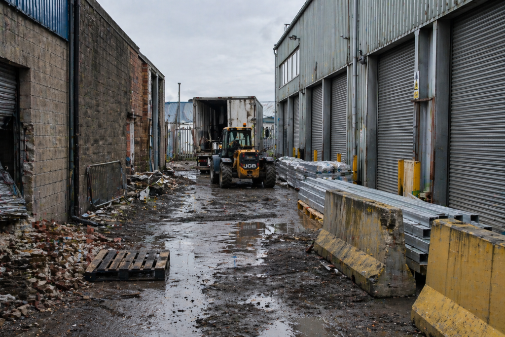 Industrial site with limited access and uneven ground affecting temporary building installation