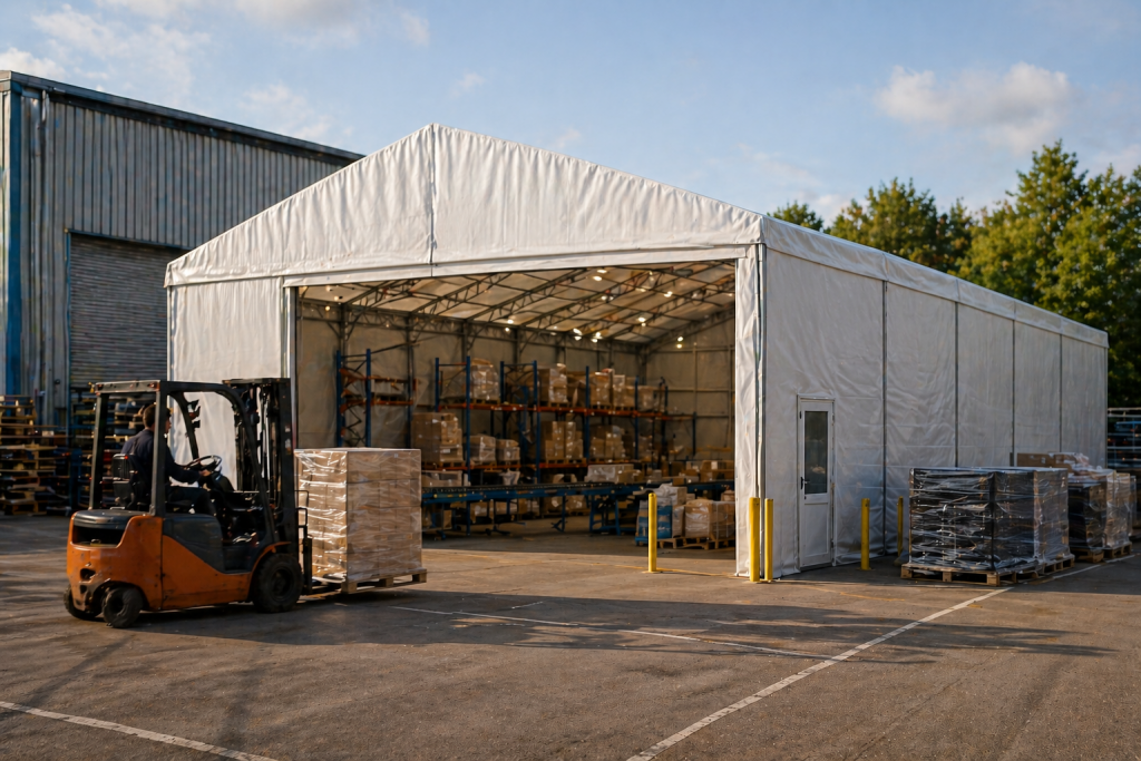 Temporary operational warehouse building supporting business continuity after commercial disruption