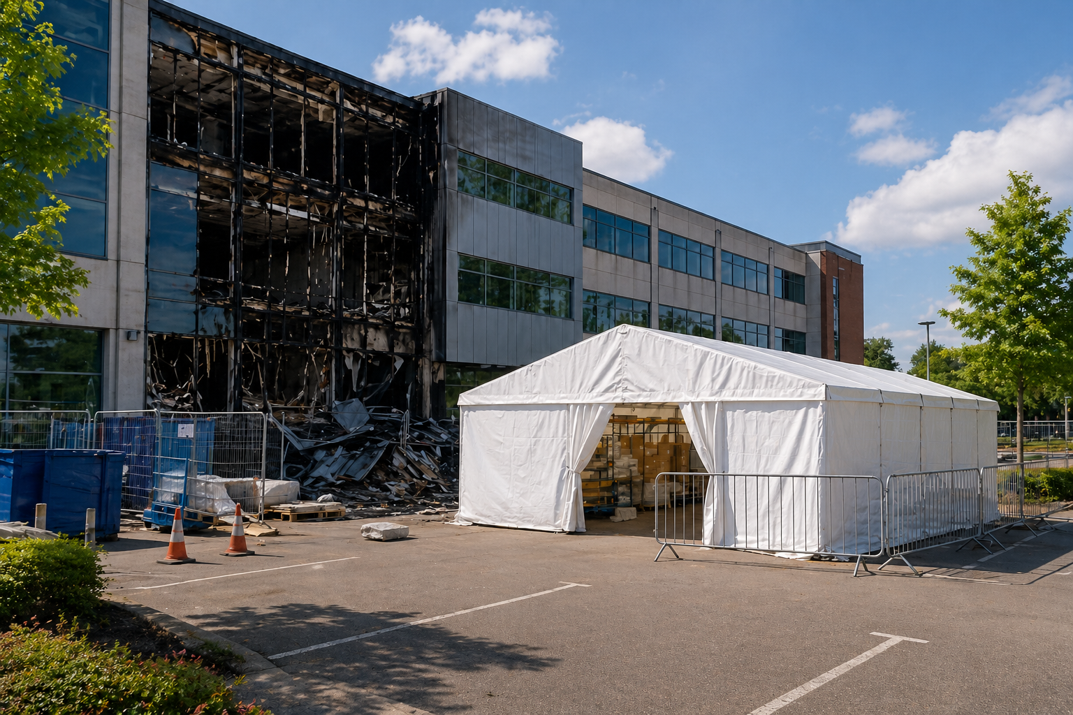 Temporary building supporting business continuity after fire damage at a commercial site