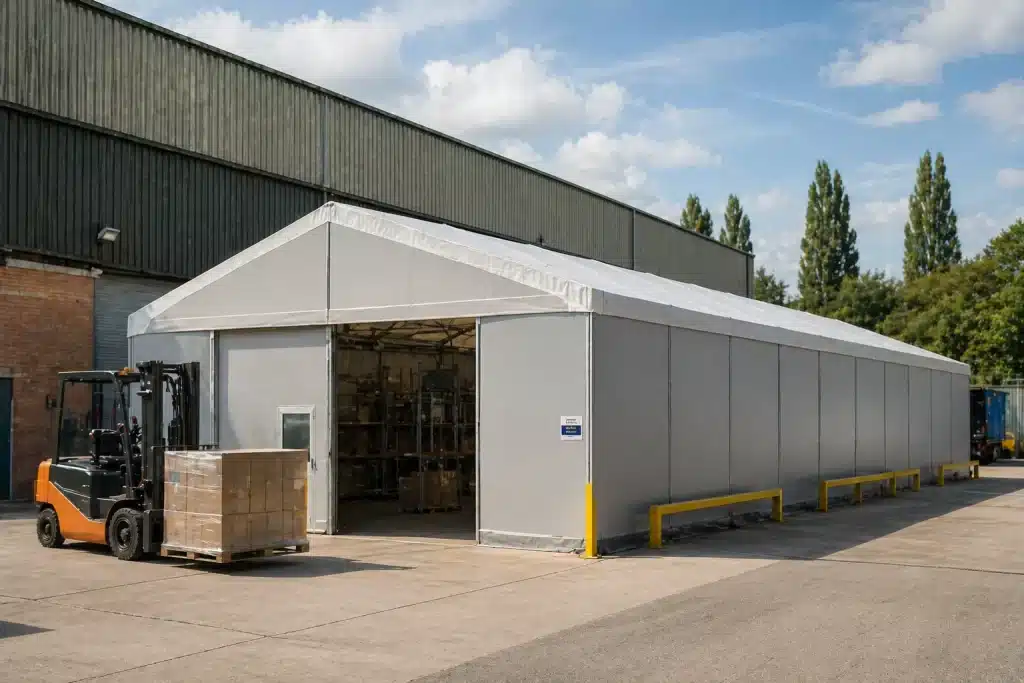 does-insurance-cover-insurance-temporary-buildings-operational-warehouse Temporary warehouse building in operational use at a commercial industrial site