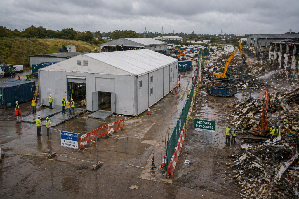 Temporary building installation taking place alongside ongoing site recovery work