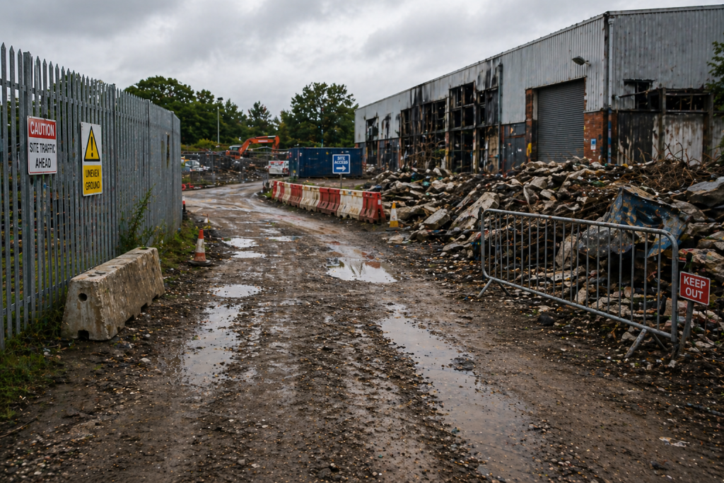 Restricted access route and uneven ground conditions on a damaged industrial site