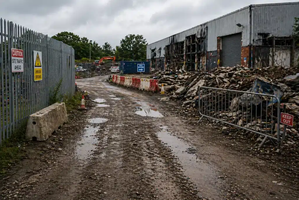 Restricted access route and uneven ground conditions on a damaged industrial site