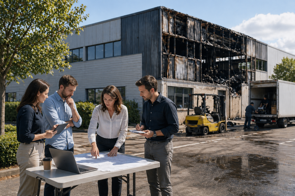 Temporary operational recovery structure installed beside a fire-damaged industrial building to support business continuity during disaster recovery.