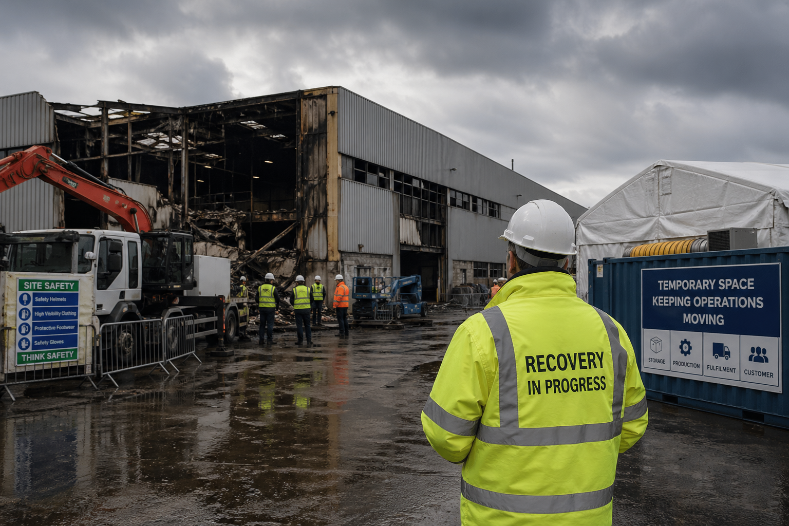 Temporary operational recovery structure installed beside a fire-damaged industrial building to support business continuity during disaster recovery.