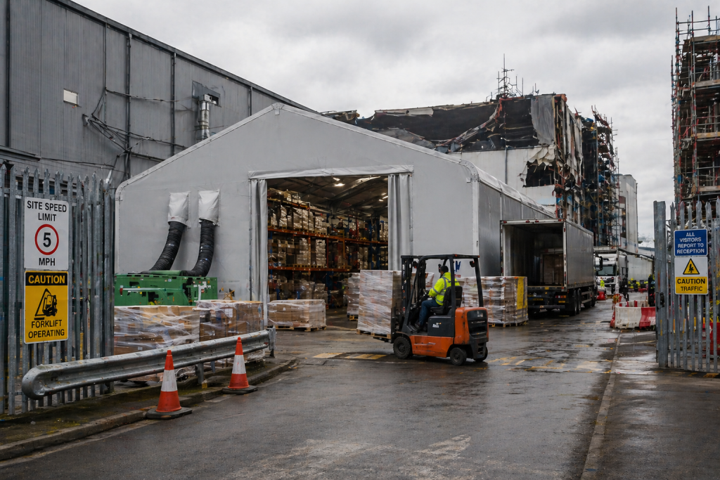 Temporary warehouse building integrated into a constrained live industrial recovery site with loading activity and adjacent repair works