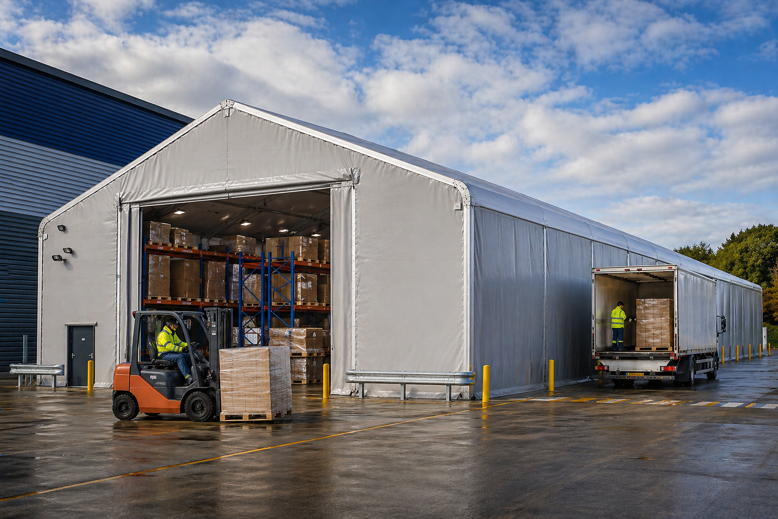 Temporary building duration for commercial building supporting long-term warehouse operations during business recovery after disruption