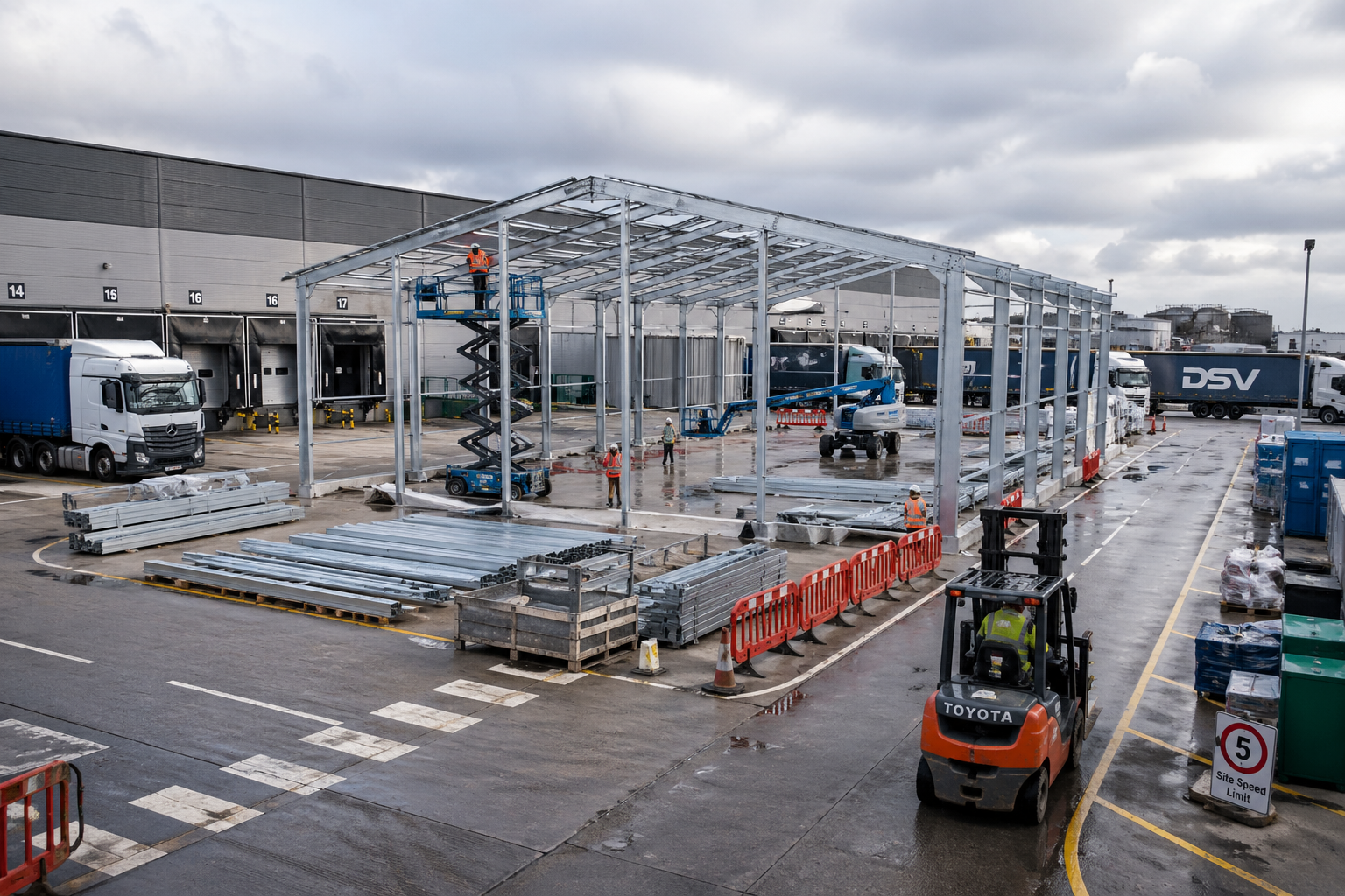Temporary building installation taking place on an active industrial site with controlled access routes and ongoing operations.