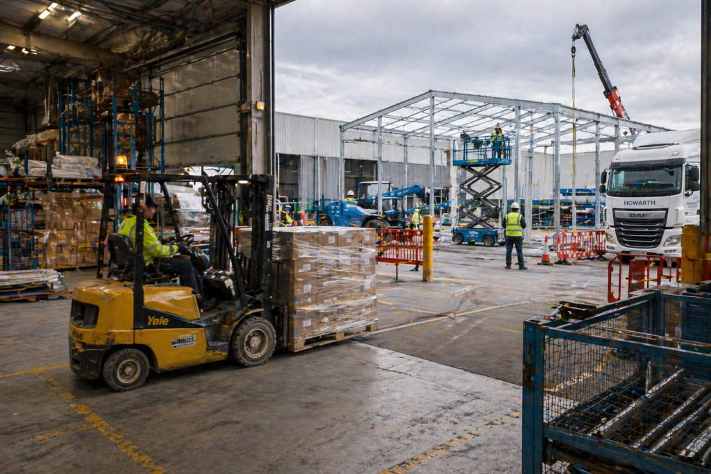 Temporary building installation on a live site with forklift operations continuing alongside controlled construction activity.