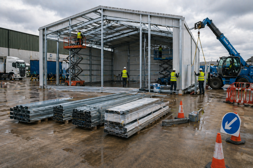 Temporary building installation process on a live site showing structure assembly and coordinated setup activity.
