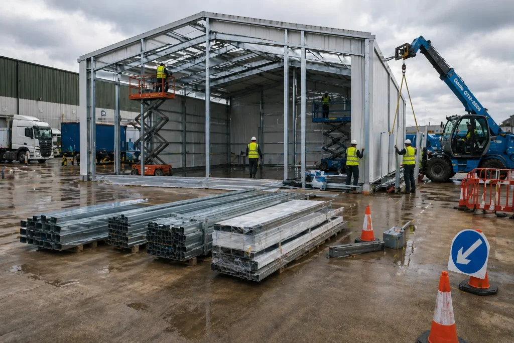 temporary-building-installation-process-live-site-assembly Temporary building installation process on a live site showing structure assembly and coordinated setup activity.