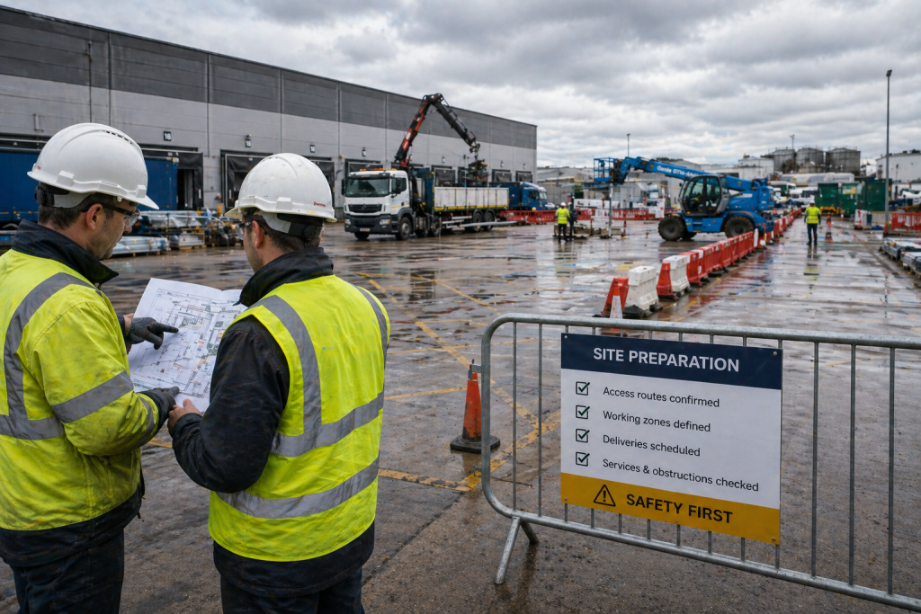 Site preparation for temporary building installation on a live site with teams reviewing layout, access routes and working areas.