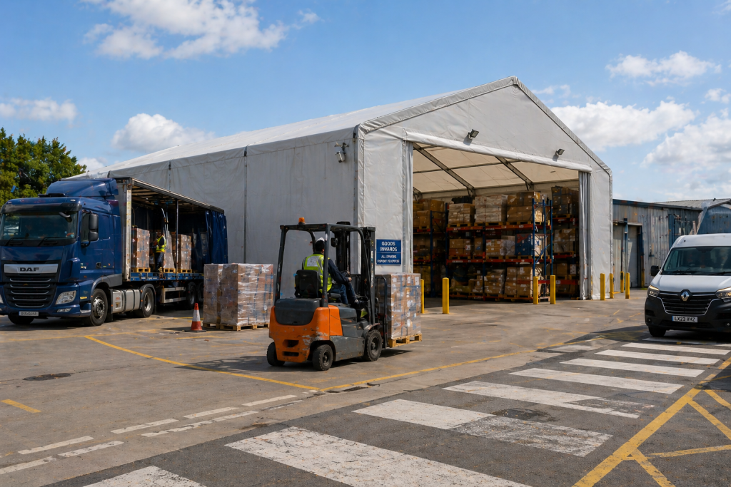 Temporary building supporting active logistics and warehouse operations within a commercial industrial site.