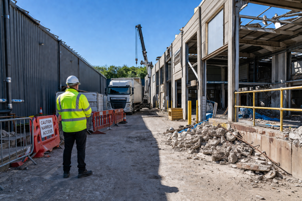Restricted industrial site with damaged areas, limited access and constrained logistics during temporary building planning.