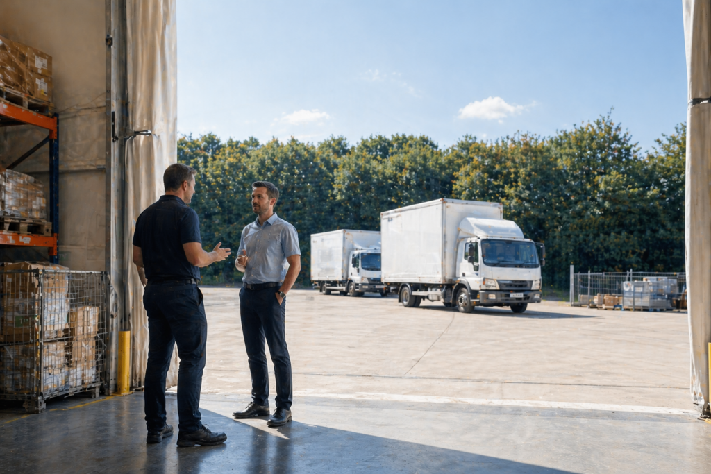 temporary-warehouse-operational-recovery-stability Colleagues talking outside a temporary warehouse