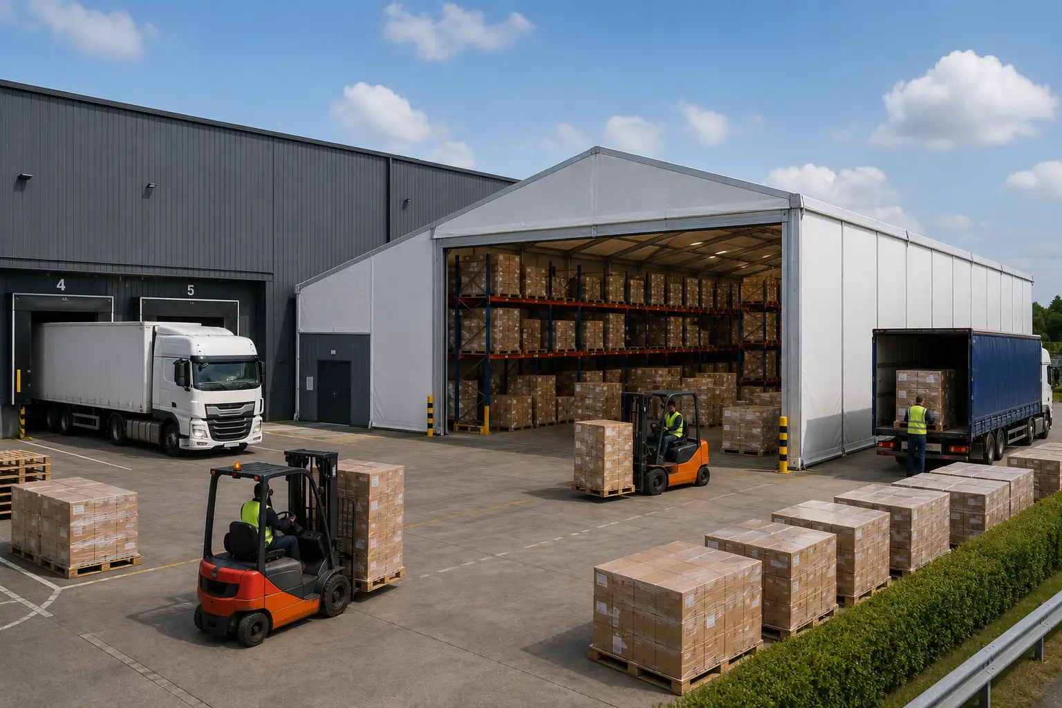 Temporary warehouse helping increase warehouse capacity quickly alongside an existing facility