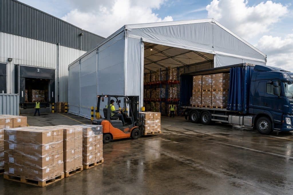 Temporary warehouse supporting seasonal warehouse overflow during peak demand operations