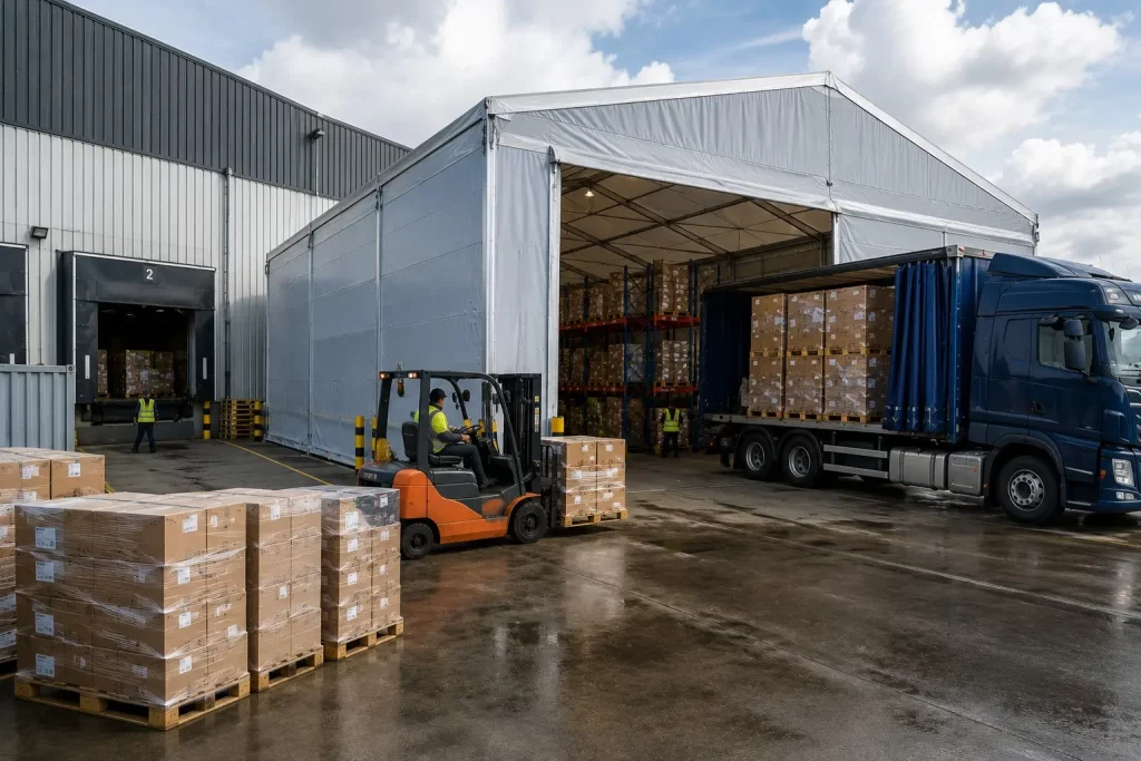 Temporary warehouse supporting seasonal warehouse overflow during peak demand operations