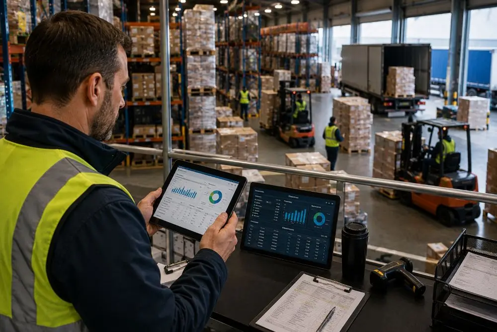 Warehouse manager monitoring stock movement and overflow risk during peak seasonal demand